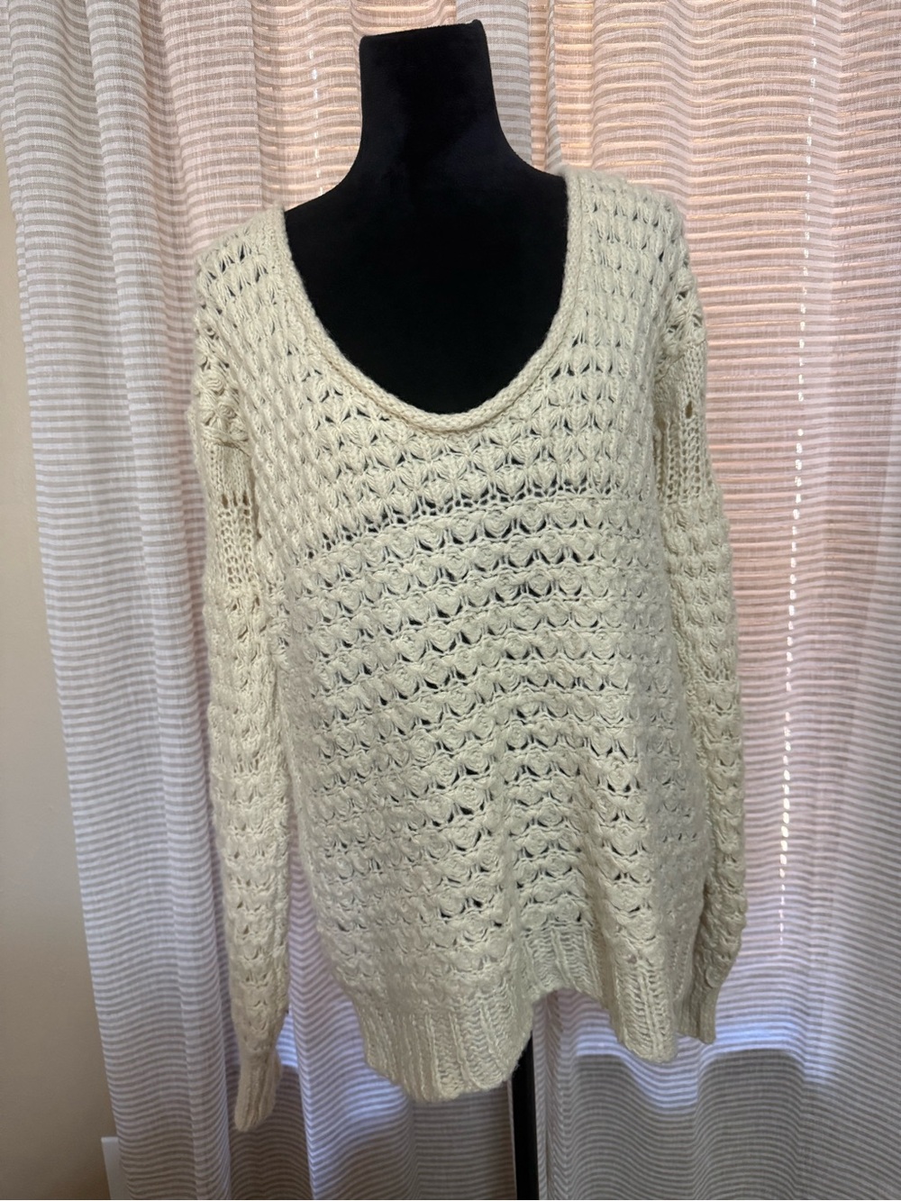 Free People Cream Openwork Scoop-Neck Knit Pullover